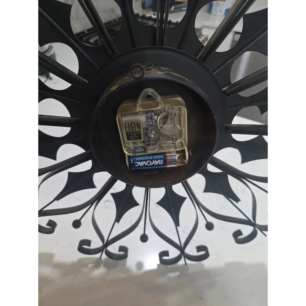 Elgin Mid Century Modern Black Wrought Iron Vintage Starburst Clock (working)